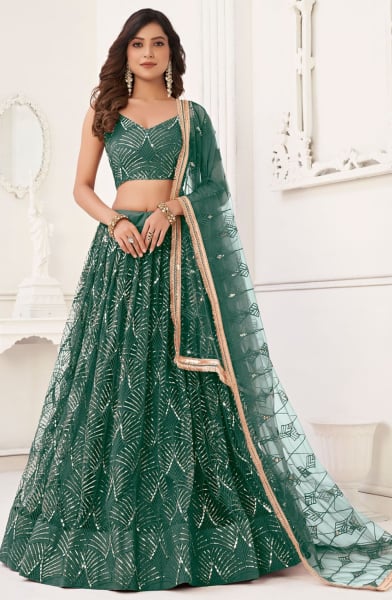 Green Embroidered Net Lehenga Choli