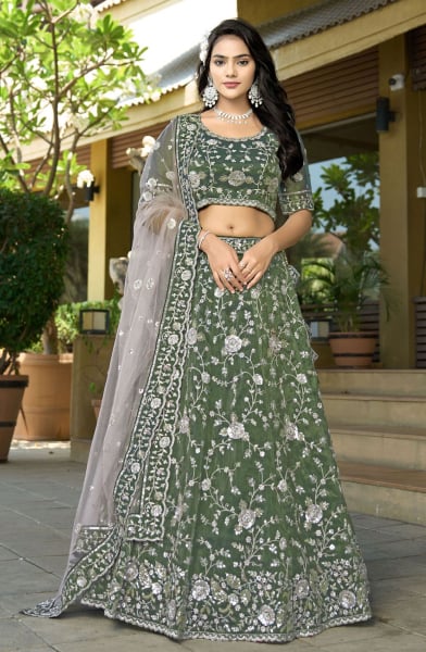 Green Heavy Resham Embroidered Lehenga Choli Set