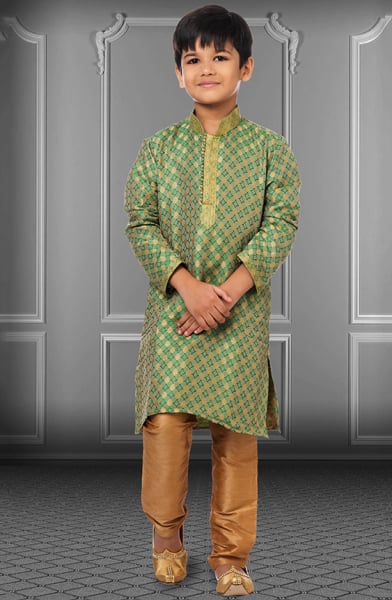 Green Jacquard Silk Kids Kurta Set