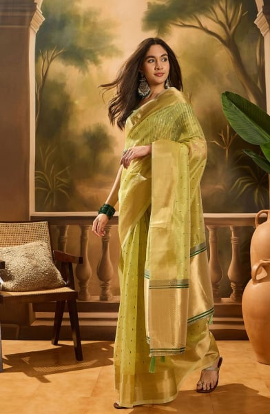 Green Khadi Organza Woven Jacquard Saree