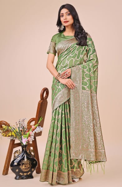 Green Linen Cotton Printed Saree