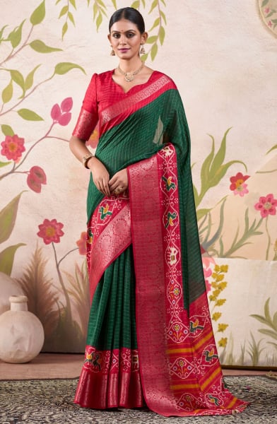 Green Patola Printed Saree for Festival