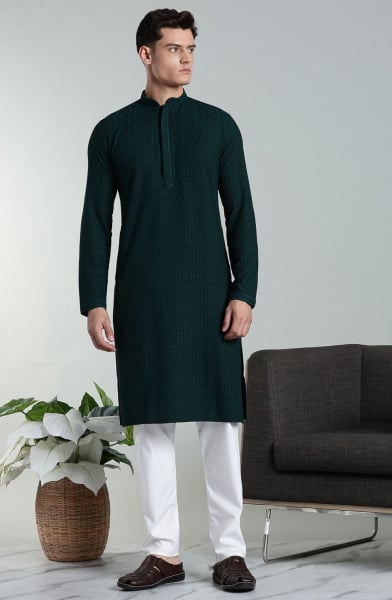Green Rayon Cotton Chikan Embroidered Kurta Pyjama Set