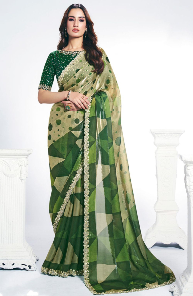 Green Satin Silk Saree for Ceremonial