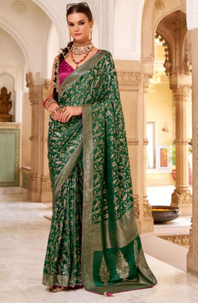Green Satin Tissue Silk Saree for Party