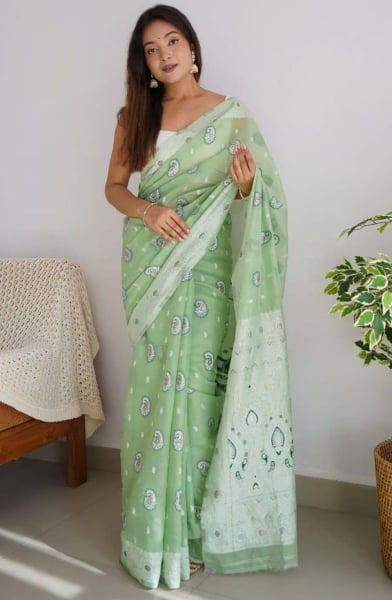 Green Soft Linen Zari Saree