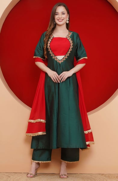 Green Taffeta Silk Readymade Suit