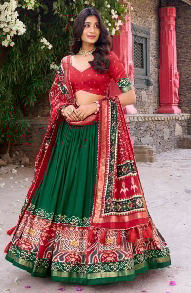 Green Tussar Silk Patola Printed Lehenga Choli Set