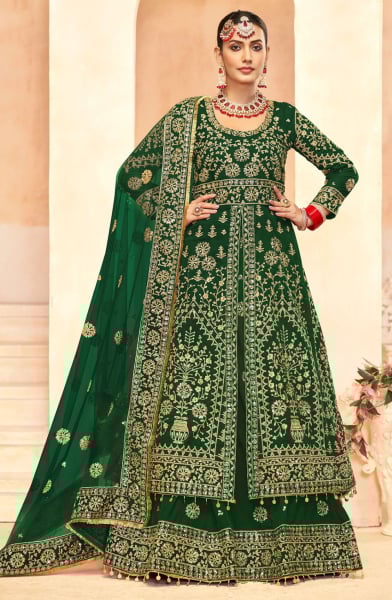 Green Velvet Embroidered Lehenga Kameez Suit
