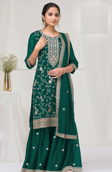 Green Vichitra Silk Designer Palazzo Kameez Suit