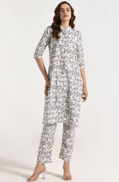 Grey and Off White Printed Rayon Co-Ord Set