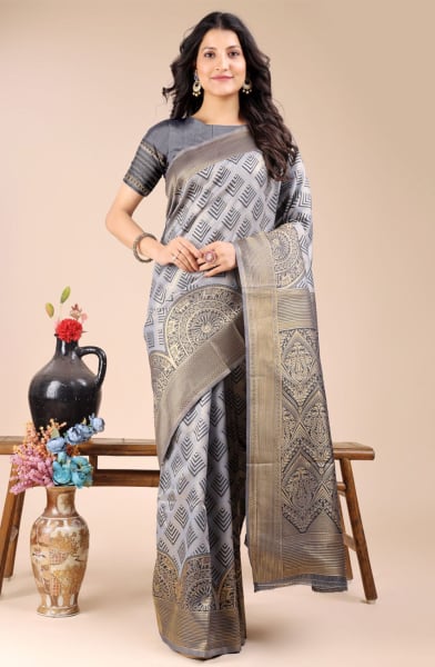 Grey Banarasi Silk Woven Saree