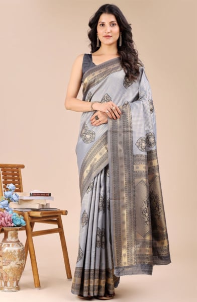 Grey Banarasi Silk Woven Saree