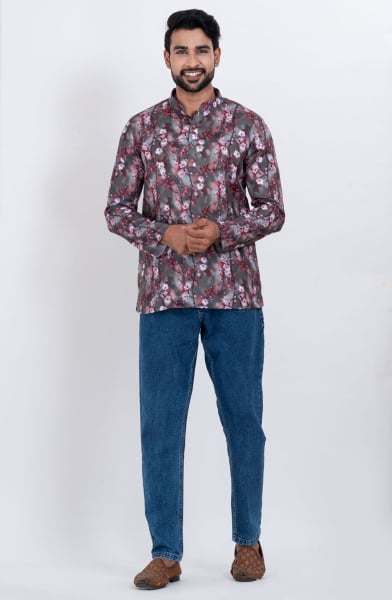 Grey Cotton Digital Printed Kurta for Festival