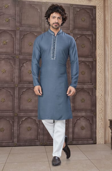 Grey Cotton Kurta Pyjama Set