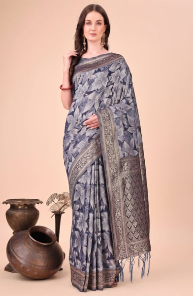 Grey Cotton Printed Saree