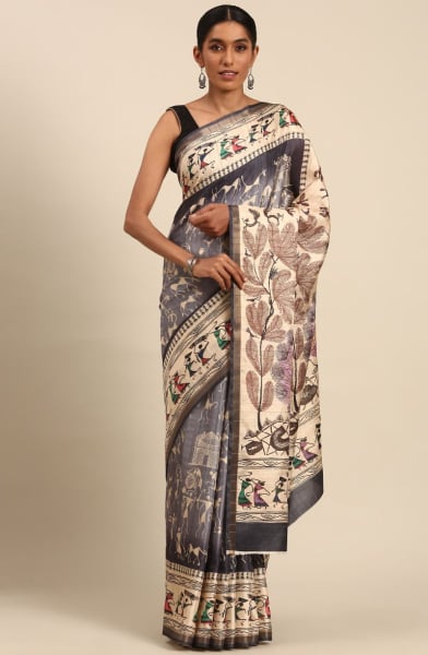 Grey Cotton Printed Saree