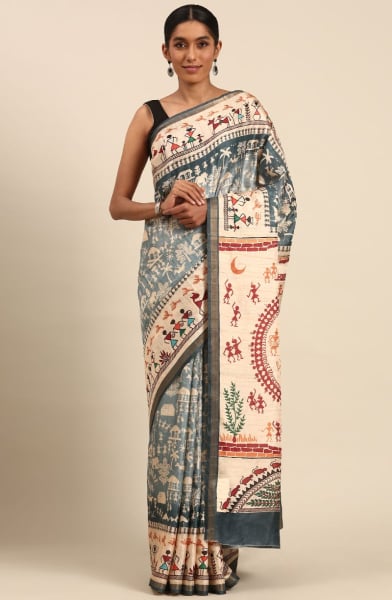 Grey Cotton Printed Saree