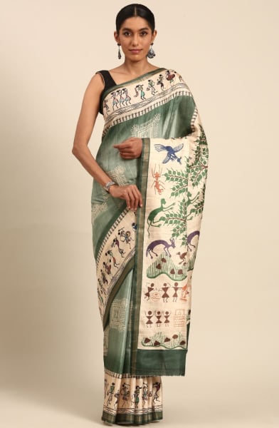 Grey Cotton Printed Saree