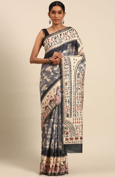 Grey Cotton Printed Saree