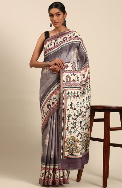 Grey Cotton Printed Saree
