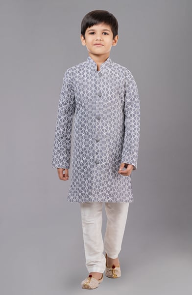Grey Cotton Silk Kids Kurta Set