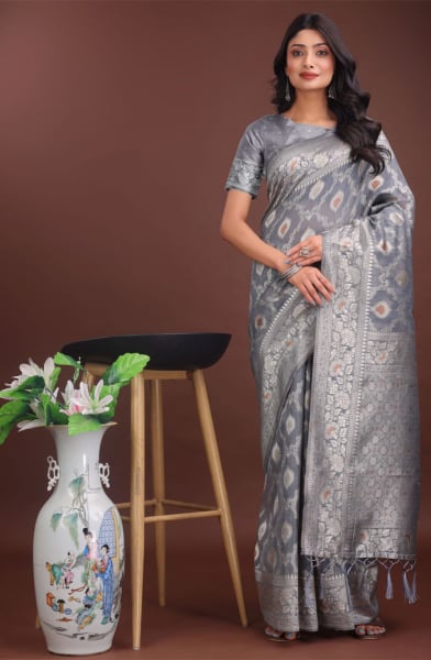 Grey Cotton Woven Saree