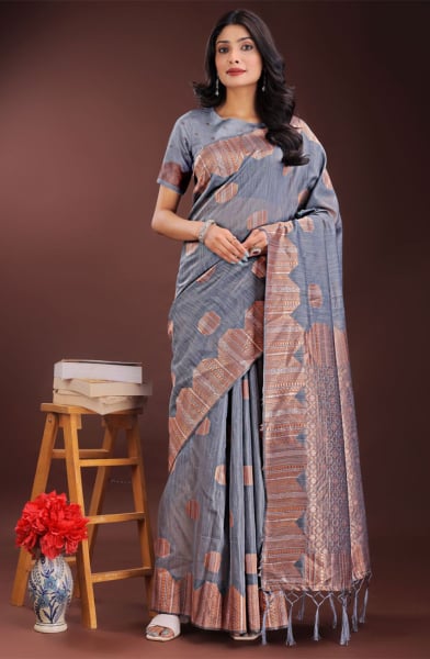 Grey Cotton Woven Saree