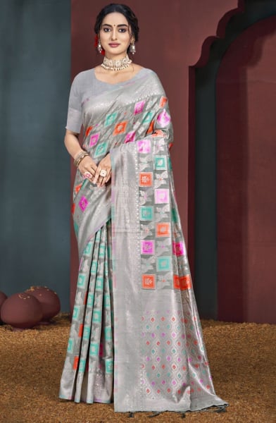 Grey Cotton Woven Work Saree