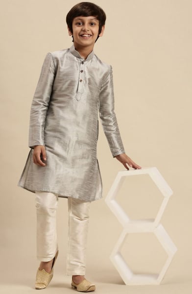 Grey Dupion Silk Boys Kurta Set