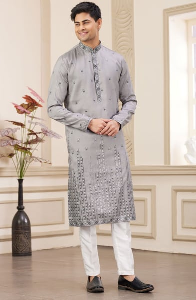 Grey Embroidered Art Silk Kurta Set