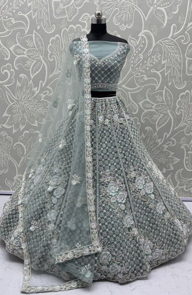 Grey Embroidered Net Bridal Lehenga Choli