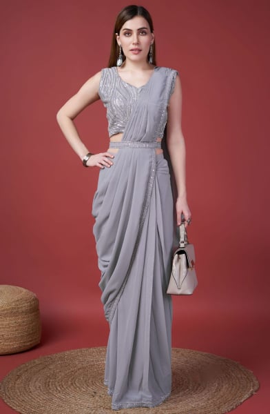 Grey Georgette Ready to Wear Saree for Party