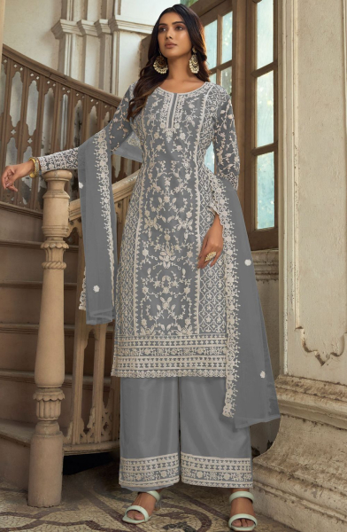 Grey Heavy Butterfly Net Palazzo Suit