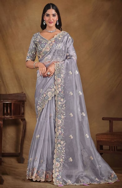 Grey Heavy Embroidered Designer Saree