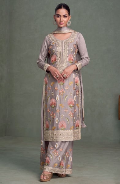 Grey Heavy Premium Chinon Palazzo Kameez Suit