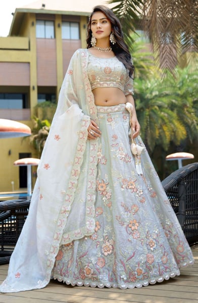 Grey Heavy Resham Embroidered Lehenga Choli Set
