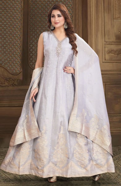 Grey Jacquard Anarkali Gown with Dupatta