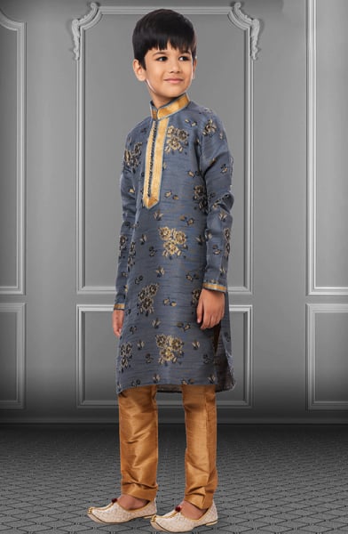 Grey Jacquard Silk Kids Kurta Set