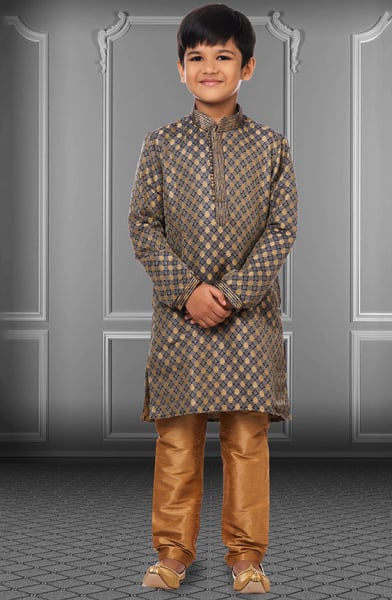 Grey Jacquard Silk Kids Kurta Set