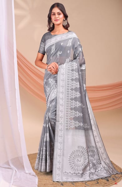Grey Linen Cotton Party Wear Saree