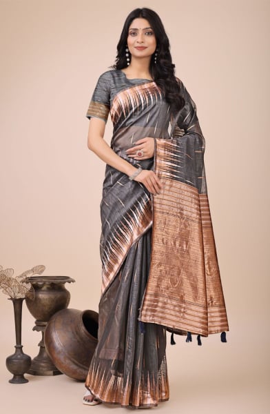 Grey Linen Cotton Printed Saree
