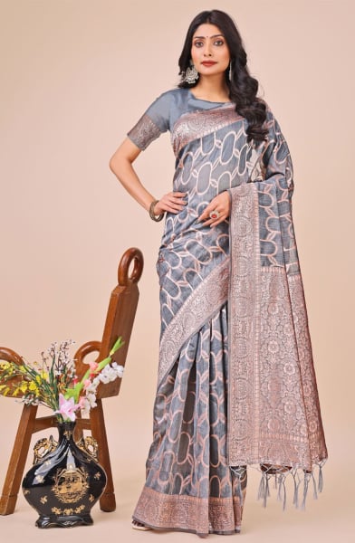 Grey Linen Cotton Printed Saree