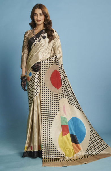 Grey Malai Crepe Silk Digital Printed Saree