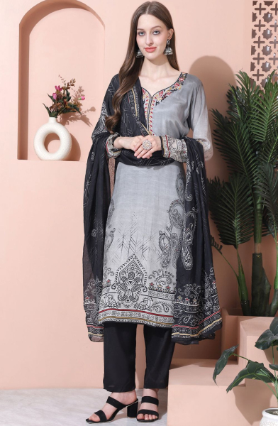 Grey Muslin Party Wear Suit