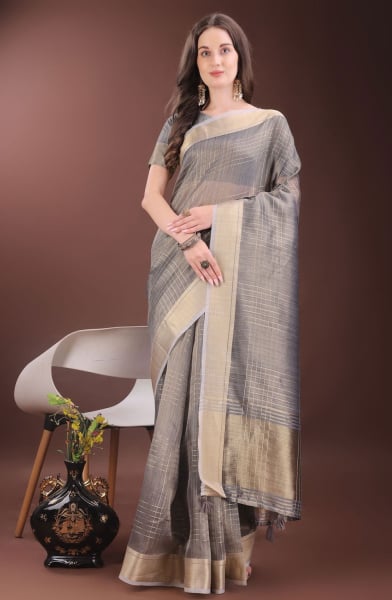 Grey Organza Printed Saree