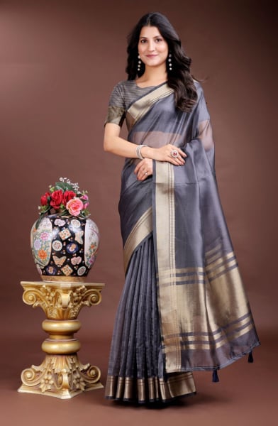 Grey Organza Woven Saree