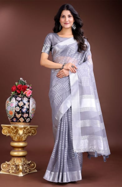 Grey Organza Woven Saree