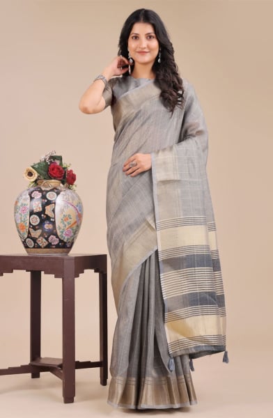 Grey Organza Woven Saree