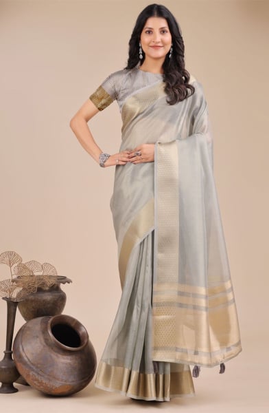 Grey Organza Woven Saree